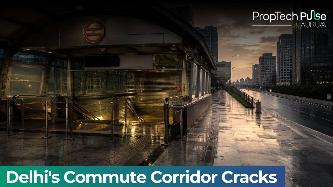 Wide panoramic view of a closed metro station entrance in Delhi's central business district, with office towers, rain-soaked roads, and sparse commuters highlighting disruption to the city's daily commute